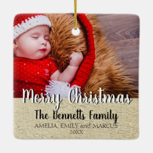 Rustic Script Merry Christmas Holiday Photo Ceramic Ornament