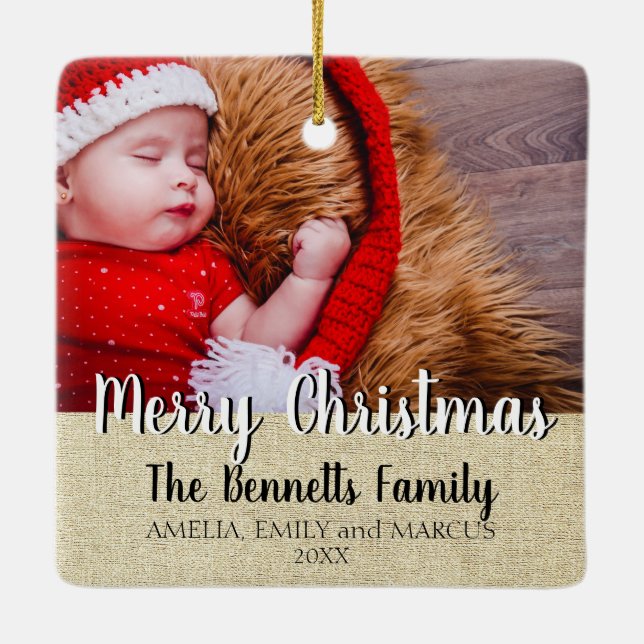 Rustic Script Merry Christmas Holiday Photo Ceramic Ornament (Back)