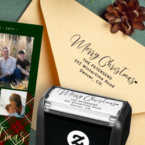 Rustic script Merry Christmas return address Self_inking Stamp