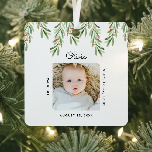 Rustic Script Mistletoe Photo Baby First Christmas Metal Ornament