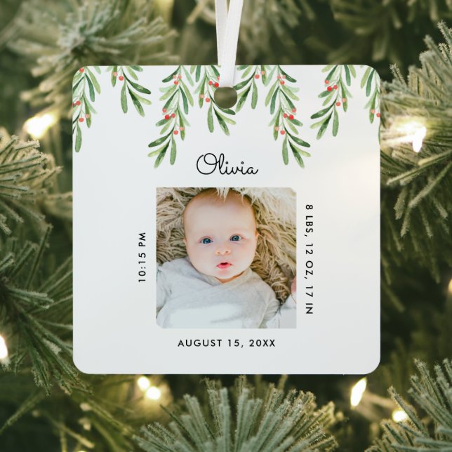 Rustic Script Mistletoe Photo Baby First Christmas Metal Ornament (Insitu)