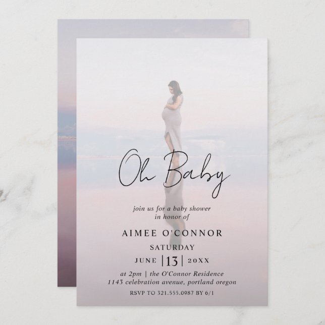 Rustic Script Modern Photo Oh Baby Shower Invitation (Front/Back)
