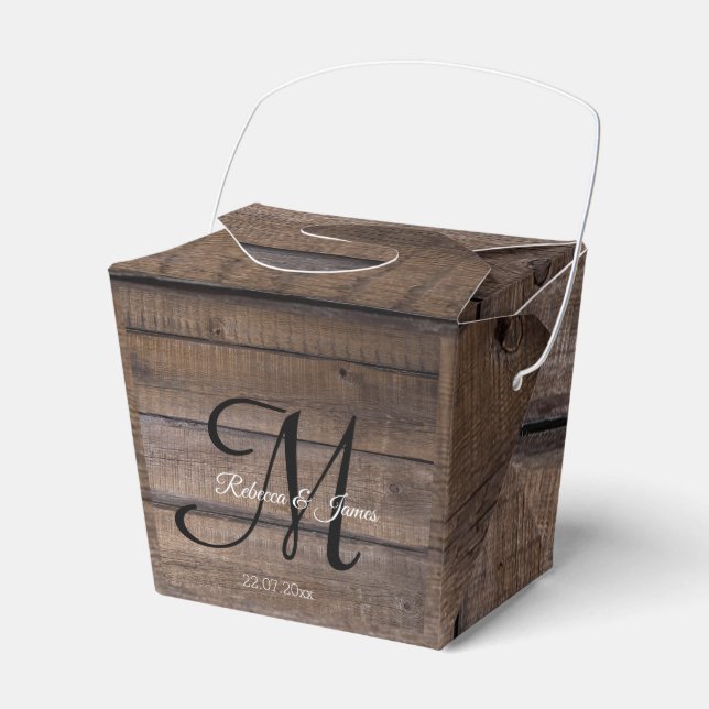 Rustic Script Monogram Barn Country Wedding Party Favor Boxes (Front Side)