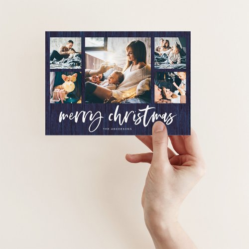 Rustic Script Multi Photo Grid  Merry Christmas Holiday Card