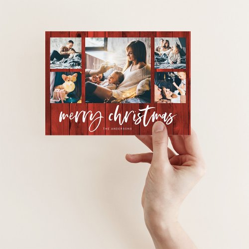 Rustic Script Multi Photo Grid  Merry Christmas Holiday Card