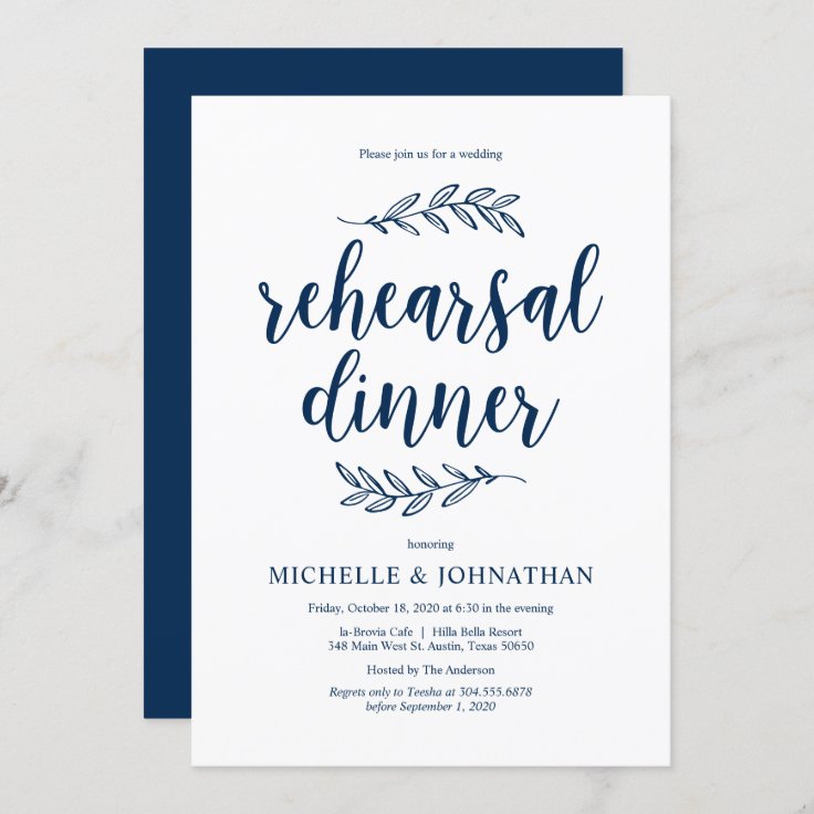 Rustic Script Navy Blue Wedding Rehearsal Dinner Invitation Zazzle