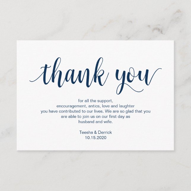 Rustic Script, Navy blue, Wedding Thank you Enclosure Card (Front)