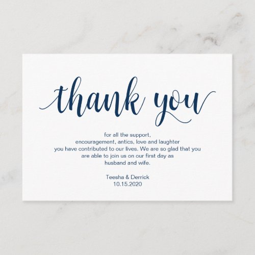 Rustic Script Navy blue Wedding Thank you Enclosure Card