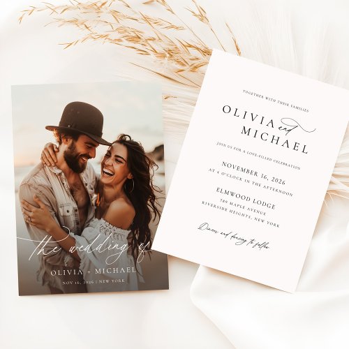 Rustic Script Overlay Photo Wedding Invitation