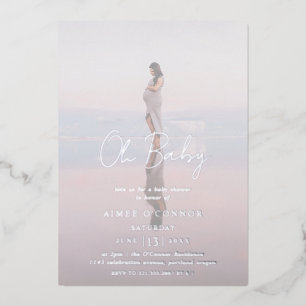 Rustic Script Photo Modern Baby Shower Foil Invitation