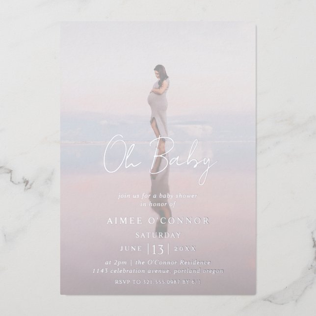 Rustic Script Photo Modern Baby Shower Foil Invitation (Front)