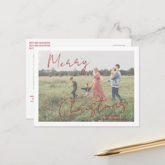 Rustic Script Photo Modern Christmas Holiday Postcard (Front/Back In Situ)