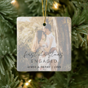 Rustic Script Photo Modern Engaged Ceramic Ornament