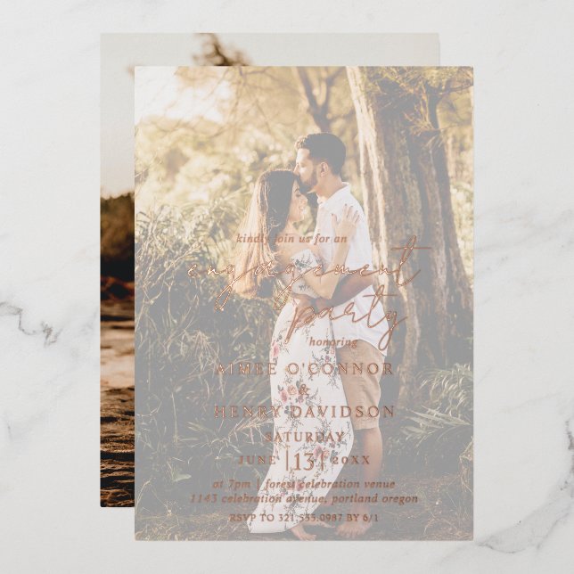 Rustic Script Photo Modern Engagement Party Foil Invitation (Front/Back)