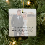 Rustic Script Photo Modern First Christmas Married Ceramic Ornament<br><div class="desc">Modern Christmas ornanment featuring a simple design with "married" in a rustic style script typography along with your names and year over your favorite wedding photo with an opaque overlay. The overlay may be removed in the design editing tool. This elegant ornament makes a great gift for a newlywed couple...</div>