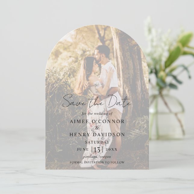 Rustic Script Photo Modern Wedding Save The Date (Standing Front)