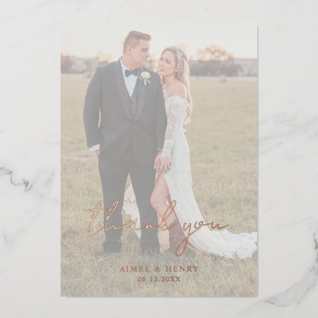 Rustic Script Photo Modern Wedding Thank You Foil Invitation (Front)