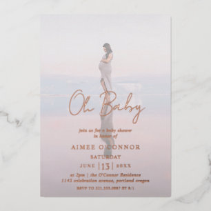 Rustic Script Photo Oh Baby Shower Rose Gold Foil Invitation