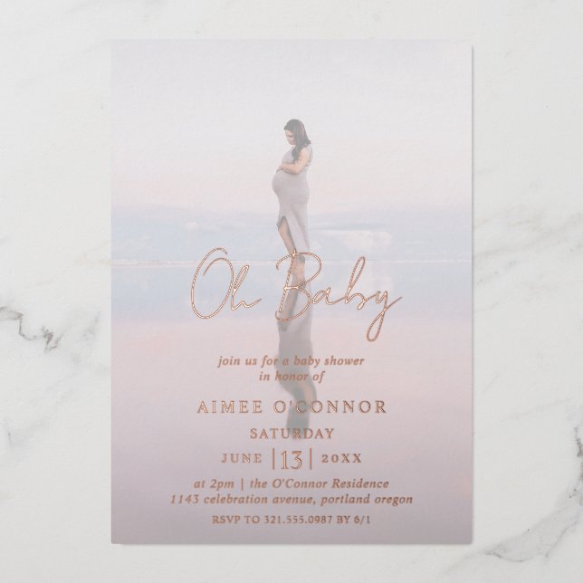 Rustic Script Photo Oh Baby Shower Rose Gold Foil Invitation (Front)