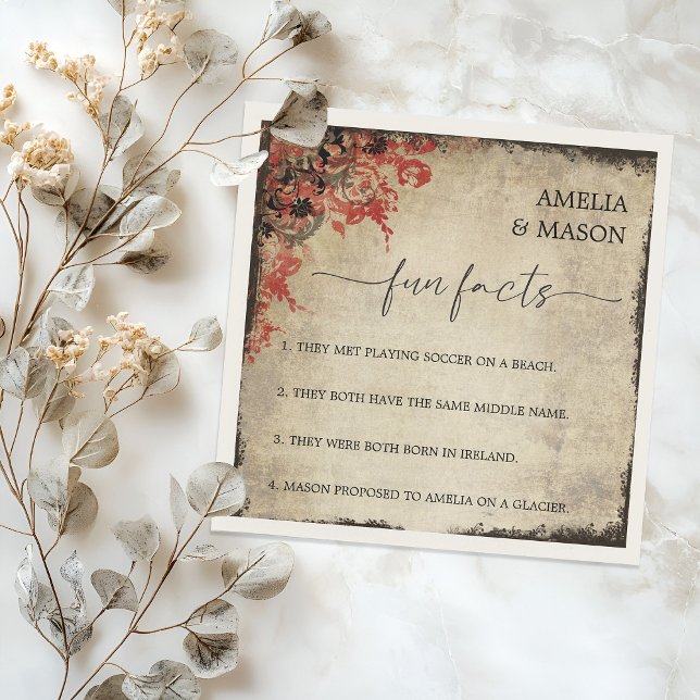 Rustic Script Red Floral Fun Facts Wedding  Napkins (Rustic Script Red Floral Fun Facts Wedding Napkins)