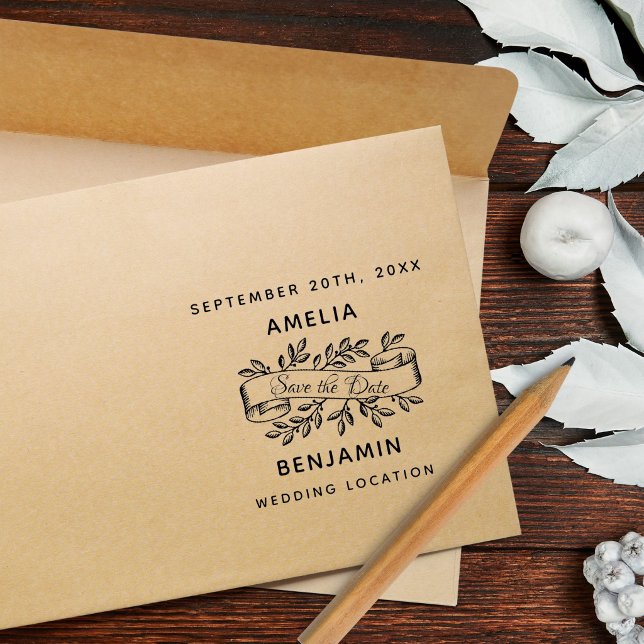 Rustic Script Ribbon Save the Date Wedding Rubber Stamp