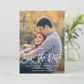 Rustic script romantic save the date card (Standing Front)