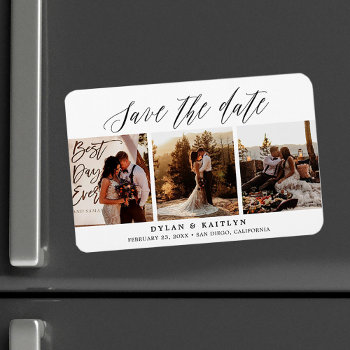 Rustic Script Three Photos Save The Date 4x6 Magnet by SweetRainDesign at Zazzle
