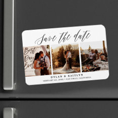 Rustic Script Three Photos Save The Date 4x6 Magnet at Zazzle