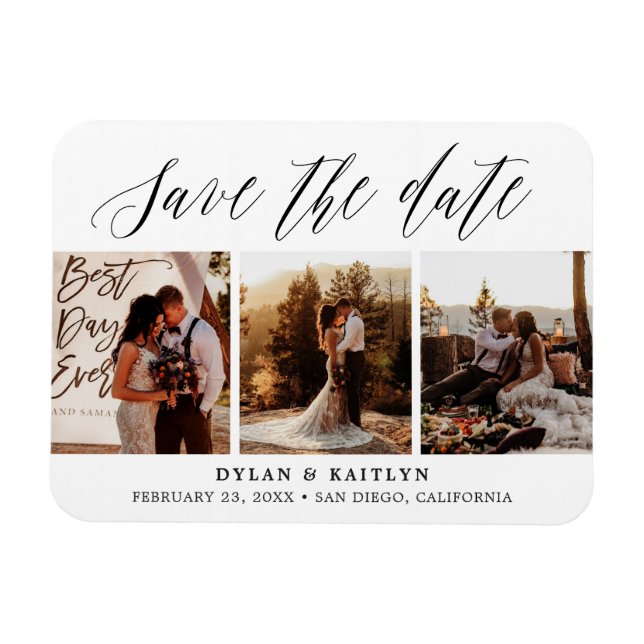Rustic Script Three Photos Save the Date Magnet (Horizontal)