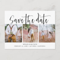 Rustic Script Three Photos Save the Date Postcard