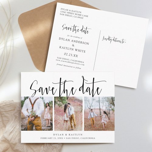 Rustic Script Three Photos Save the Date Postcard