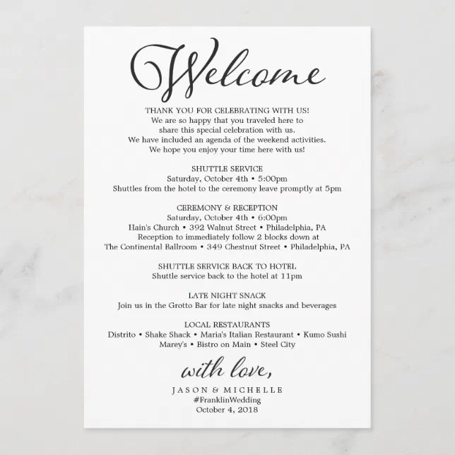 Rustic Script Wedding Itinerary - Wedding Welcome Program | Zazzle