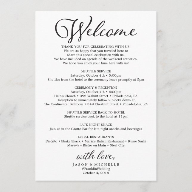 Rustic Script Wedding Itinerary - Wedding Welcome Program (Front)