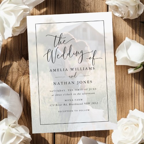 Rustic Script White Black Photo Wedding   Invitation