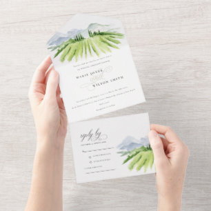Rustic Script Winery Vineyard Mountain Wedding All In One Invitation