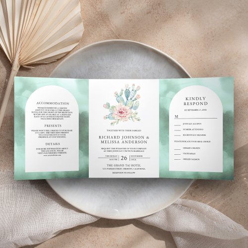 Rustic Seafoam Arch Desert Floral Cactus Wedding Tri_Fold Invitation