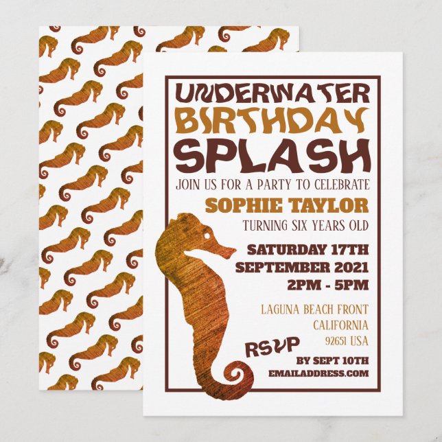 Rustic Seahorse, Aquatic Birthday Party Invitation (Front/Back)