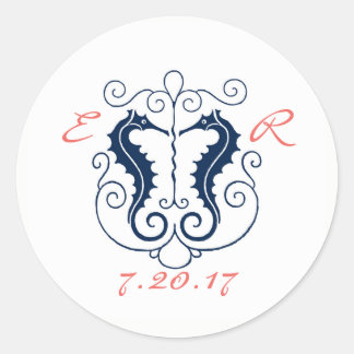 Rustic Seahorse Favor Stickers- Navy + Coral Classic Round Sticker