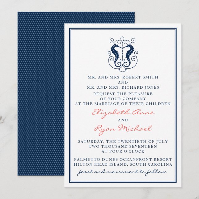 Rustic Seahorse Wedding Invitation- Navy and Coral Invitation (Front/Back)