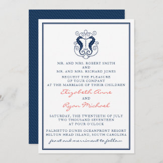 Rustic Seahorse Wedding Invitation- Navy and Coral Invitation