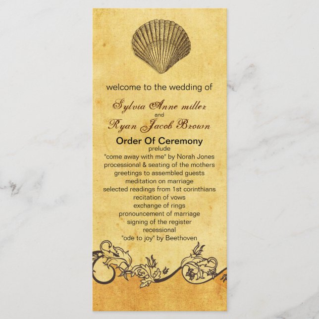 rustic seashell  beach wedding program (Front)