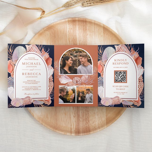 Rustic Seashells Nautical Navy QR Code Wedding Tri-Fold Invitation (Creator Uploaded)