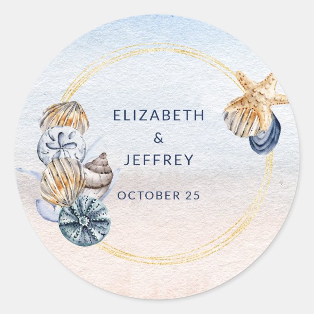 Rustic Seashells Ocean Sea Summer Beach Wedding Classic Round Sticker (Front)