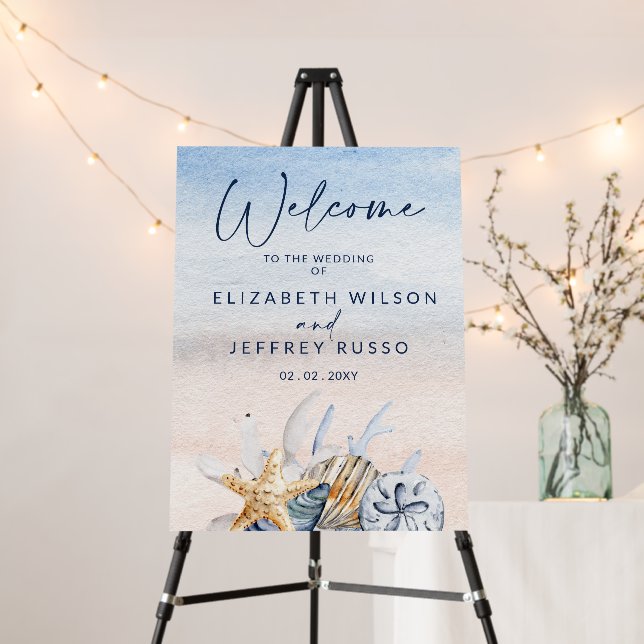 Rustic Seashells Summer Beach Wedding Welcome Sign (In Situ (Stand))