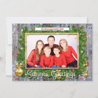 Rustic Season's Greetings Wreath Gold Frame Photo Holiday Card