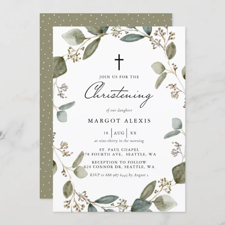 Rustic Seeded Eucalyptus Wreath Christening Invitation | Zazzle