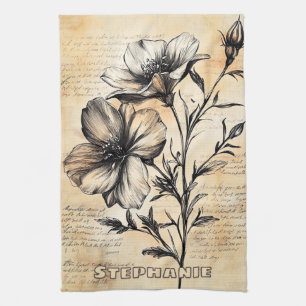 Rustic Sepia Botanical French Country Flowers Kitchen Towel