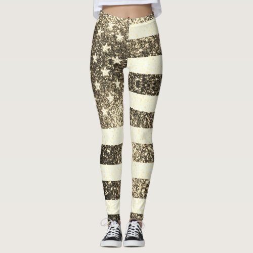 Rustic Sepia gold Sparkles USA flag bling 4th July Leggings