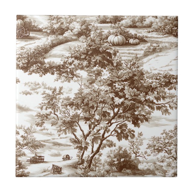 Rustic Sepia Homestead Pumpkin Toile Pattern Ceramic Tile (Front)