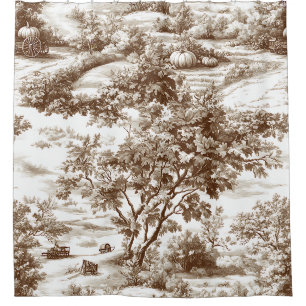 Rustic Sepia Homestead Pumpkin Toile Pattern Shower Curtain